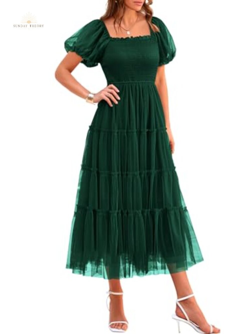 Women's Smocked Midi Tulle Dress Puff Sleeve Fit & Flare